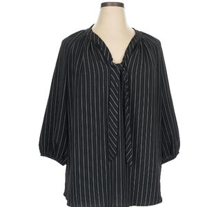 Olivia & Martin Blouse 1X Black Pinstripe Tie Neck Top 3/4 Sleeve Plus Size